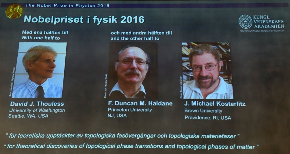 Winners of the Nobel Prize in Physics (L-R) David J Thouless, F Duncan M Haldane and J Michael Kosterlitz are displayed on a screen during a press conference to announce the winner of the 2016 Nobel Prize in Physics at the Royal Swedish Academy of Sciences in Stockholm on October 4, 2016. 
British-born scientists David J. Thouless, F. Duncan Haldane and J. Michael Kosterlitz won the Nobel Physics Prize for revealing the secrets of exotic matter, the Nobel jury said. / AFP PHOTO / JONATHAN NACKSTRANDJONATHAN NACKSTRAND/AFP/Getty Images